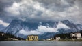 Misurina Lake in the Dolomites mountains in Italy near Auronzo di Cadore on a cloudy day, Sorapiss mountain in the background. Royalty Free Stock Photo