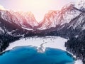 Misurina lake sunset blue winter Dolomites Val di Funes valley, Italy. Aerial top view Royalty Free Stock Photo