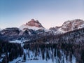 Misurina lake sunset Three Peaks of Lavaredo, Italy. Aerial top view