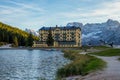 Misurina Lake and View on the majestic Dolomites Alp Mountains, National Park Tre Cime di Lavaredo, Dolomiti Alps, South Tyrol, Royalty Free Stock Photo