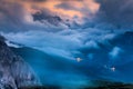 Misuruna lake in the night mist. Italy Alps, Tre Cime Di Lavaredo, Dolomites, Europe. Royalty Free Stock Photo