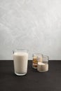 Misutgaru or Misugaru Latte on tall glass. Korean milkshake with roasted multi-grain powder. Healthy Protein smoothie. Popular