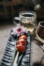 Mitarashi dango is a Japanese dumpling and sweet made from mochiko rice flour, related to mochi. Royalty Free Stock Photo