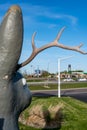 Mitchell, South Dakota, USA - 5.2021 - Jackalope sculpture along highway to attract tourists