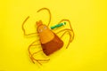 The mite sift toy with sticking syringe lying on bright yellow background. Royalty Free Stock Photo