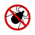 Mite warning sign. Stop parasite icon, vector illustration, silhouette, black and red, tick in a red circle, isolated on white,