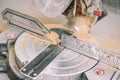 Miter saw. Cut off the boards on the saw. Facing the boards. Tool for carpentry work Royalty Free Stock Photo