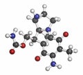 Mitomycin C cancer drug molecule. Atoms are represented as spheres with conventional color coding: hydrogen (white), carbon (grey