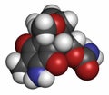 Mitomycin C cancer drug molecule. Atoms are represented as spheres with conventional color coding: hydrogen (white), carbon (grey