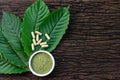 Mitragyna speciosa or kratom leaves with medicinal products in capsules and powder in white ceramic bowl and wooden table