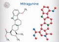 Mitragynine molecule. It is the herbal alkaloid with opiate-like properties produced by plant Mitragyna speciosa Korth, kratom. Royalty Free Stock Photo