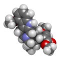 Mitragynine molecule. Herbal alkaloid present in kratom ketum, Mitragyna speciosa. 3D rendering. Atoms are represented as.