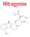 Mitragynine molecule. Herbal alkaloid present in kratom, ketum, Mitragyna speciosa. Skeletal formula.