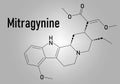 Mitragynine molecule. Herbal alkaloid present in kratom, ketum, Mitragyna speciosa. Skeletal formula.