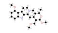 mitragynine molecule, structural chemical formula, ball-and-stick model, isolated image indole-based alkaloid