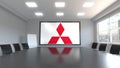Mitsubishi logo on the screen in a meeting room. Editorial 3D rendering