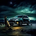 mitsubishi outlander with a dog in the foreground on a full moon night Royalty Free Stock Photo