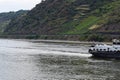 Sankt Goarshausen, Germany - 08 04 2022: Dutch cargo ship passed a reef