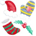 Mitten, sock and santa claus hat, holly, set of cute watercolor pictures, freehand drawing for new year and christmas, white