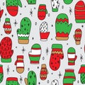 Mittens Drawing Seamless Pattern in Red, Green, Brown for Christ