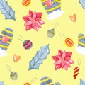 Mittens, poinsettia and holly, seamless pattern for gift wrapping from cute watercolor pictures, freehand drawing for new year and