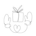 Mittens and present box in One line drawing style. Xmas, Valentine winter love concept. Vector continuous line drawing Royalty Free Stock Photo