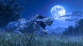 A mive Carnotaurus rests in the moonlit meadow its sharp teeth gleaming in the gentle light Royalty Free Stock Photo