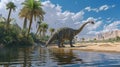 A mive Sauropelta wades into the oasis its mive tail causing small waves to ripple across the surface