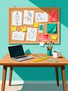 Creative designer workspace with fashion sketches on a corkboard mood board and laptop on a desk Royalty Free Stock Photo
