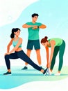 Energetic young adults engaging in a group fitness workout session, performing dynamic stretches Royalty Free Stock Photo