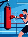 Boxer Training Hard with Red Punching Bag in Boxing Ring, Intense Workout and Fitness Royalty Free Stock Photo