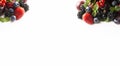 Mix berries and fruits at border of image with copy space for text. Black-blue and red food. Ripe blackberries, blueberries, straw Royalty Free Stock Photo
