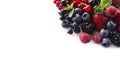 Mix berries and fruits at border of image with copy space for text. Black-blue and red food. Ripe blackberries, blueberries, straw Royalty Free Stock Photo