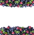 Mix berries and fruits at border of image with copy space for text. Ripe blueberries, blackberries, raspberries and black currants Royalty Free Stock Photo