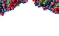 Mix berries and fruits at border of image with copy space for text. Ripe blueberries, blackberries, raspberries and currants on wh Royalty Free Stock Photo