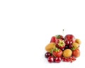 Mix berries and fruits isolated on white. Berries and fruits with copy space for text. Ripe strawberries, currants, cherries, apri Royalty Free Stock Photo