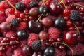 Mix berries and fruits. Ripe raspberries, blackcurrants, blackberries, cherries, red currants and red gooseberries. Royalty Free Stock Photo