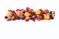 Mix berries isolated on a white. Ripe apricots, red currants, cherries and strawberries. Berries and fruits with copy space for te Royalty Free Stock Photo