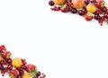 Mix berries isolated on a white. Ripe apricots, red currants, cherries and strawberries. Berries and fruits with copy space for te Royalty Free Stock Photo