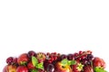 Mix berries isolated on a white. Ripe apricots, red currants, cherries and strawberries. Berries and fruits with copy space for te Royalty Free Stock Photo