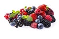 Mix berries isolated on a white. Ripe blueberries, blackberries, raspberries, currants and strawberries with mint. Berries and fru Royalty Free Stock Photo