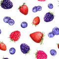 Mix of berries raspberry, strawberry, blackberry, blueberry . Seamless pattern in playful summer style. Watercolor with Royalty Free Stock Photo