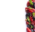 Mix berries on a white background. Ripe red currants, strawberries, blackberries, blueberries, blackcurrants, gooseberries with mi Royalty Free Stock Photo