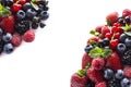 Mix berries on a white background. Ripe red currants, strawberries, blackberries, blueberries, blackcurrants, raspberries with min Royalty Free Stock Photo