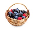 Mix of blackberry blueberry raspberry black currant in wicker basket isolated on white background. Royalty Free Stock Photo