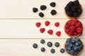 mix of blueberries, blackberries, raspberries in wooden bowl on light wooden table background. top view with copy space Royalty Free Stock Photo