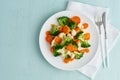 Mix of boiled vegetables. Broccoli, carrots, cauliflower. Steamed vegetables for dietary low-calorie diet. FODMAP, dash diet, Royalty Free Stock Photo