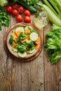 Mix of boiled vegetables, steam vegetables for dietary low-calorie diet. Vertical. Broccoli, carrots, cauliflower, top view Royalty Free Stock Photo