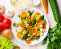 Mix of boiled vegetables, steam vegetables for dietary low-calorie diet. Broccoli, carrots, cauliflower, top view Royalty Free Stock Photo