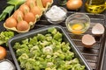 Mix broccoli and Brussels sprouts in food metal pallet Royalty Free Stock Photo